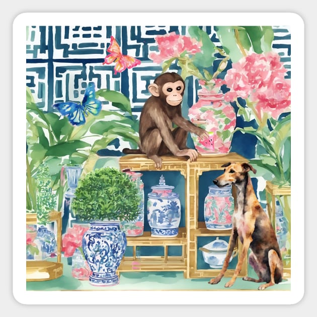 Monkey and Lurcher dog in chinoiserie interior Sticker by SophieClimaArt